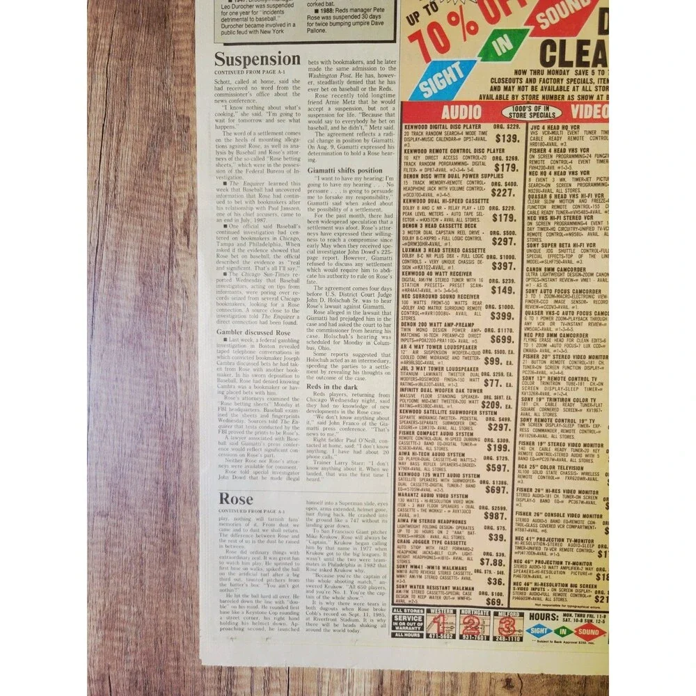 1989 Aug: Cincinnati Enquirer MLB Baseball - Reds Pete Rose Suspended/Banished!